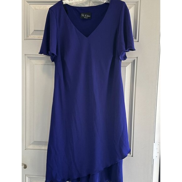 S.L. Fashions Women's Polyester Asymmetrical Hem Flutter Sleeve Dress Size Lg - Picture 2 of 6